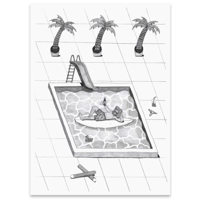 Illustration of a man on a surfboard in a pool surrounded by palms