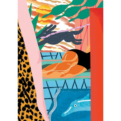 Colorful illustration of a woman's lower body, a dolphin, and a dog with sausages in his mouth