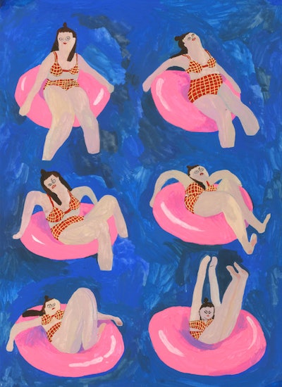 Summer art prints: Illustration of a girl having fun on a pink float.