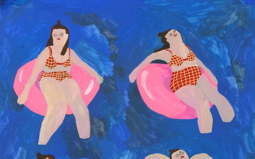 Illustration of a girl having fun on a pink float