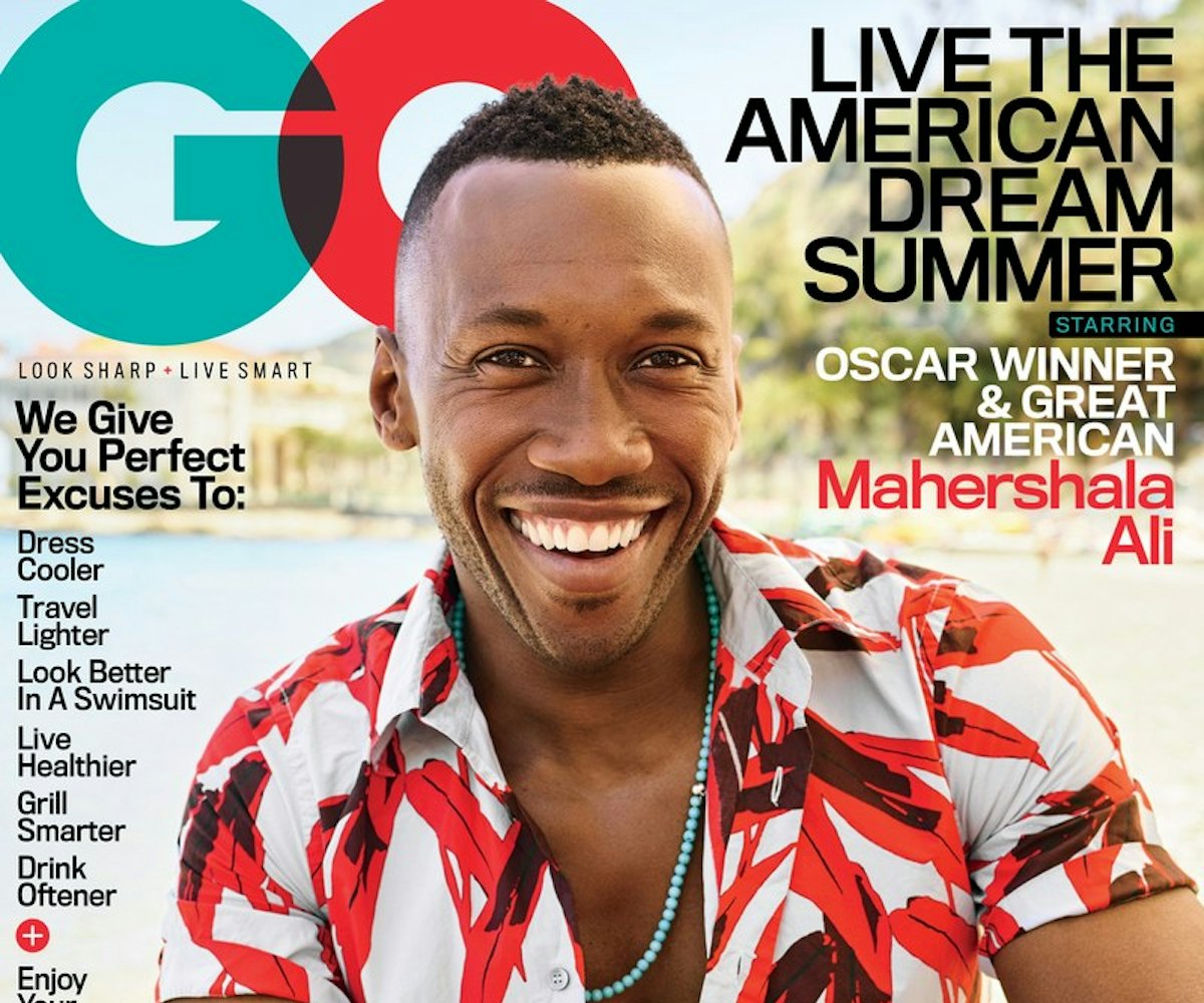American actor Mahershala Ali on the cover of GQ in a Hawaiian white shirt with red flowers 