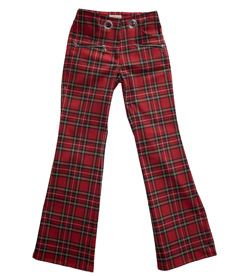 A picture of red checkered pants with yellow lined squares from designer Alexia Elkaim's clothing br...