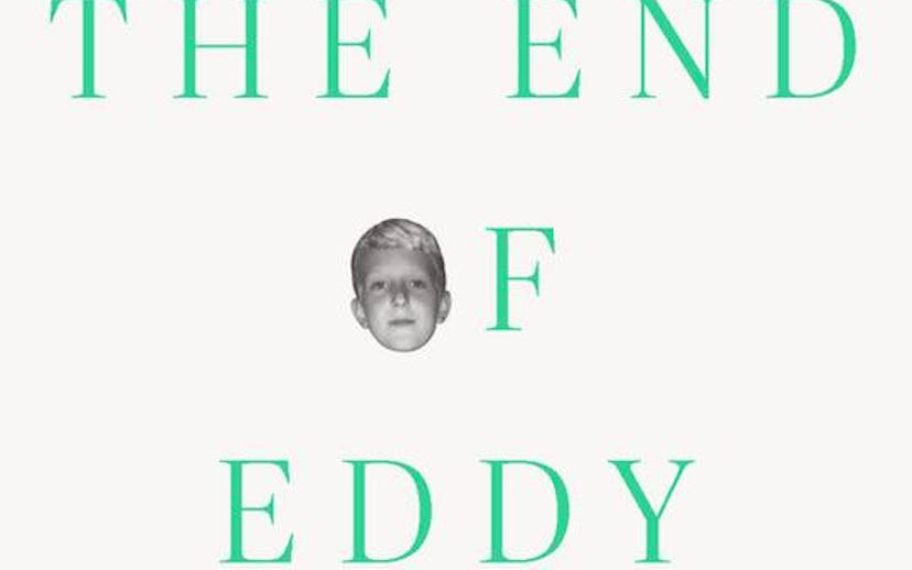 "The end of Eddy" text with the face of Édouard Louis instead of the letter "o"