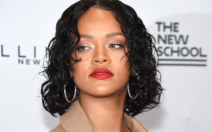 Rihanna on the carpet for 2017 Maybelline New York, The New School in a beige blazer dress