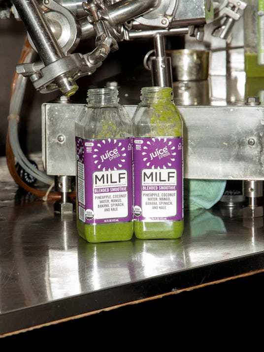 Two bottles of fresh pressed blended smoothies called the MILF drink 