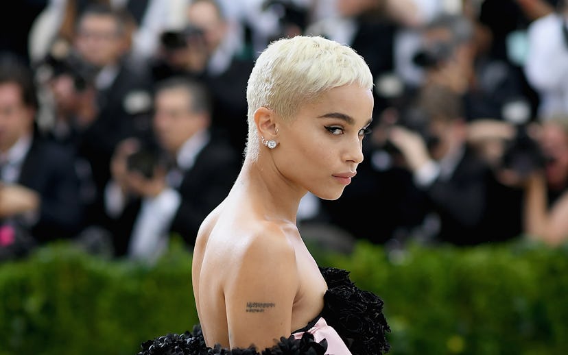 Zoë Kravitz looking over her right shoulder at the 2017 Met Gala in a pink and black Oscar de la Ren...
