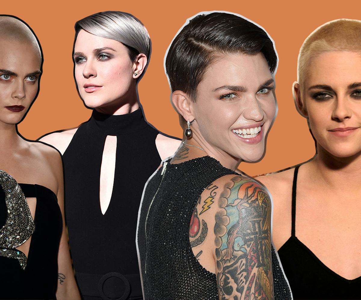 Cara Delevingne, Ruby Rose, and Kristen Stewart, with short and buzzed, feminine hair