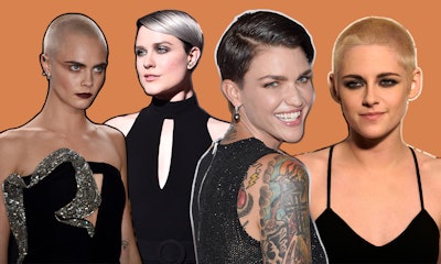 Cara Delevingne, Ruby Rose, and Kristen Stewart, with short and buzzed, feminine hair  
