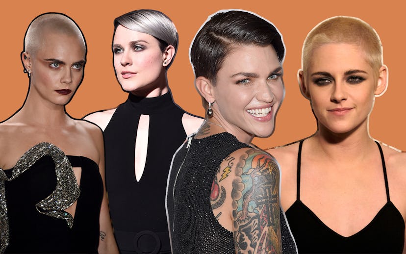 Cara Delevingne, Ruby Rose, and Kristen Stewart, with short and buzzed, feminine hair