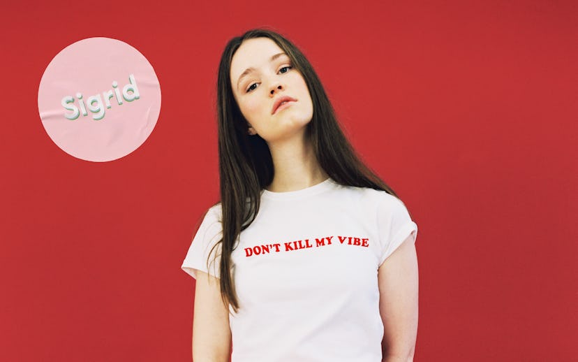 Sigrid wearing a t-shirt that says ‘Don’t Kill My Vibe’  