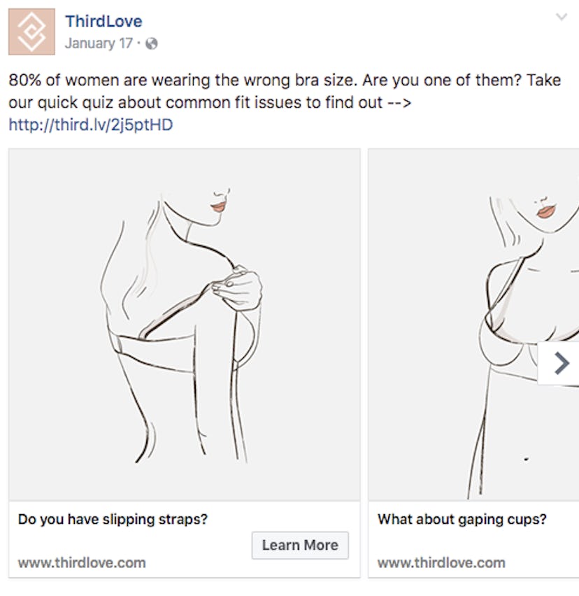 Advertising post on doing a quiz for discovering whether a woman is wearing a wrong bra size