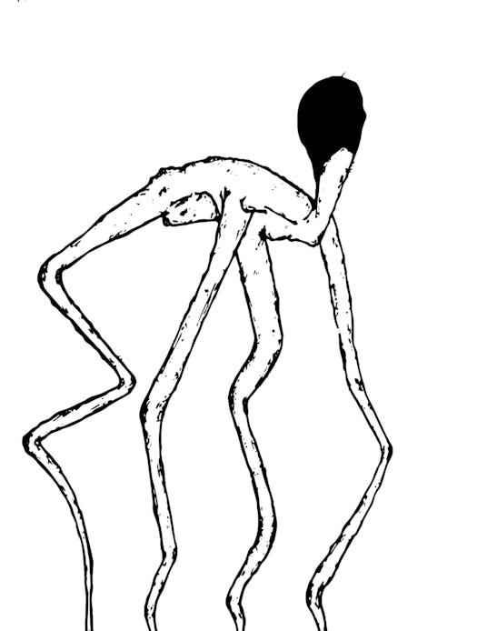 Art piece by Wrenn  depicting a creature in black and white walking on four spindly legs