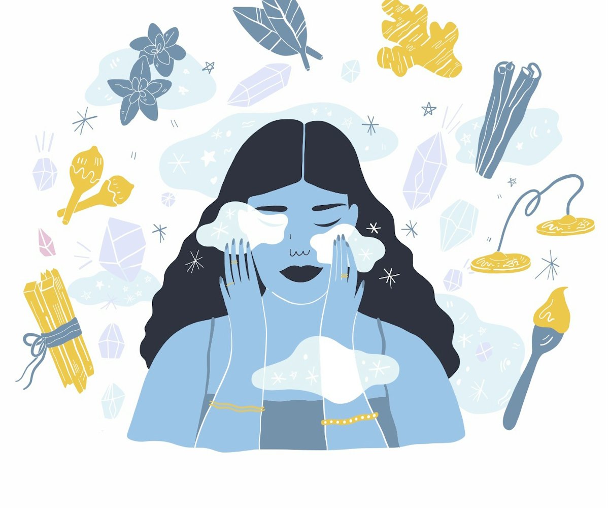 Illustration of a girl washing her face surrounded by different beauty objects.