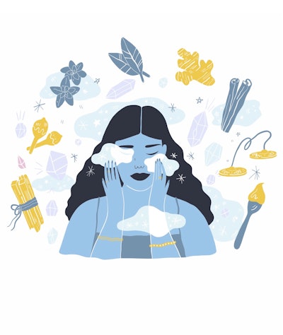 Illustration of a girl cleaning her skin surrounded by different objects.