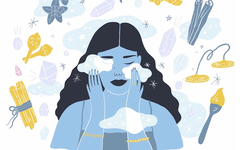 Illustration of a girl washing her face surrounded by different beauty objects.