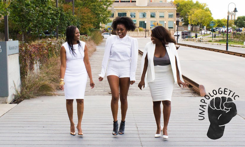 Co-founders of HuesBox, Dr. Harris, her sister Jenae, and their mother, Robin wearing white outfits
