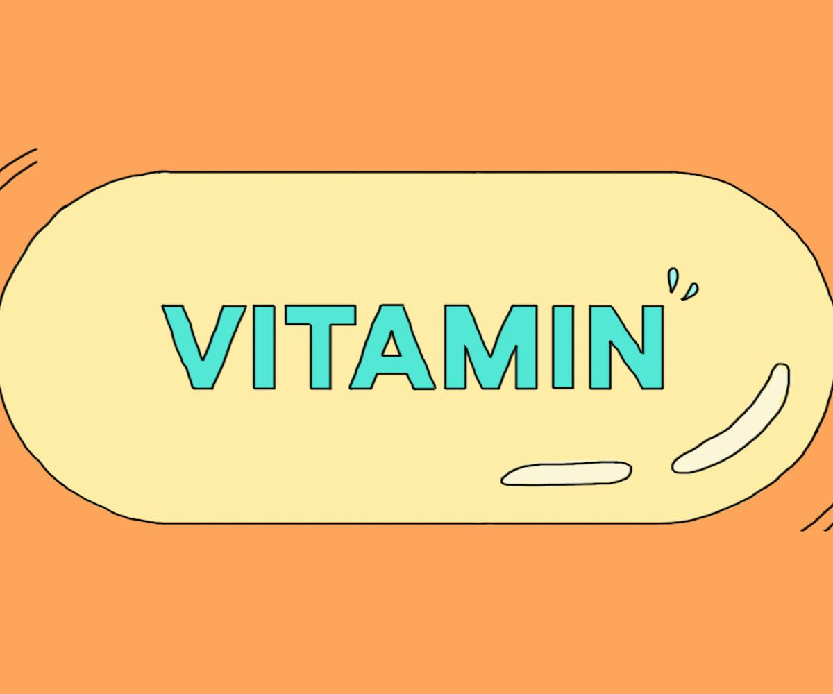 Word "Vitamin" in blue color written in a yellow pill illustration