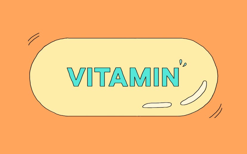 Word "Vitamin" in blue color written in a yellow pill illustration
