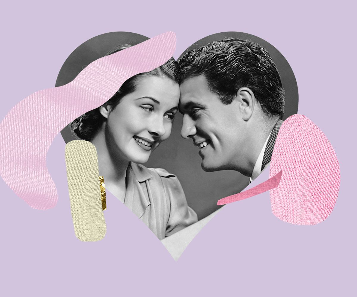 Heart-shaped collage photo of a woman dating a man who is not her type