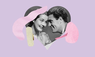 Heart-shaped collage photo of a woman dating a man who is not her type 