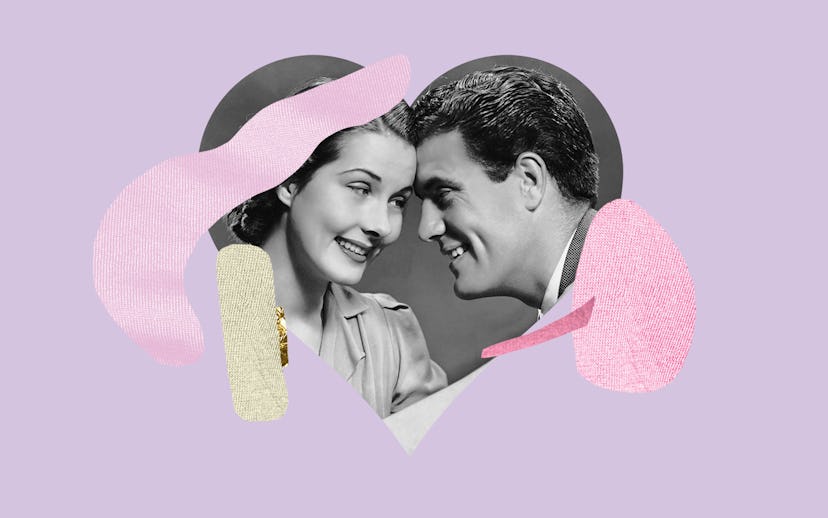 Heart-shaped collage photo of a woman dating a man who is not her type