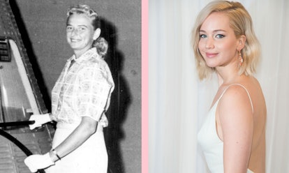 Jerrie Cobb's and Jennifer Lawrence's photos side by side 