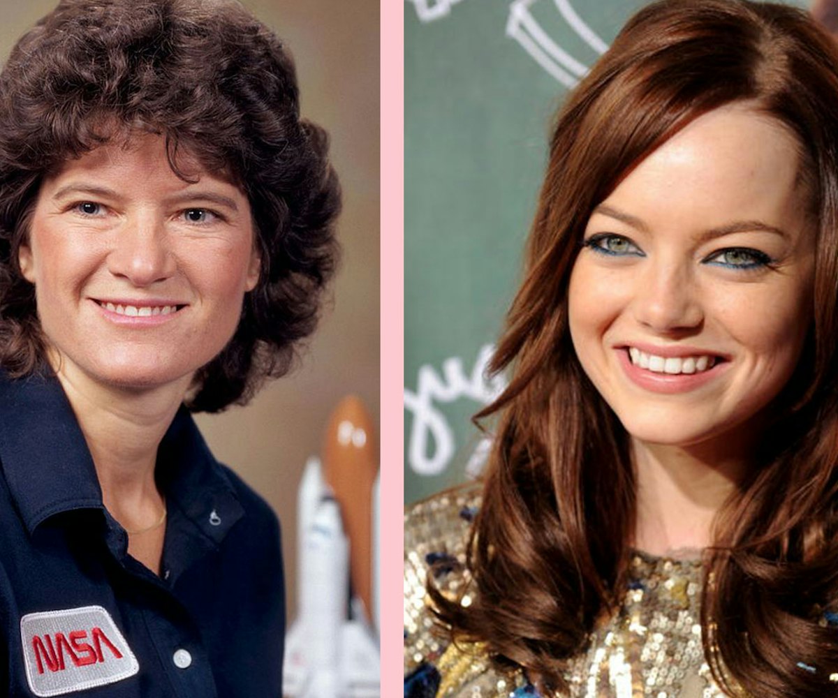 Sally Ride, female astronaut and Emma Stone, actress side by side 