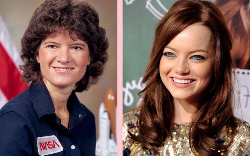 Sally Ride, female astronaut and Emma Stone, actress side by side