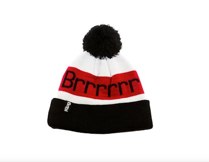 A black, white, and red beanie with a "Brrrrrrr" text sign