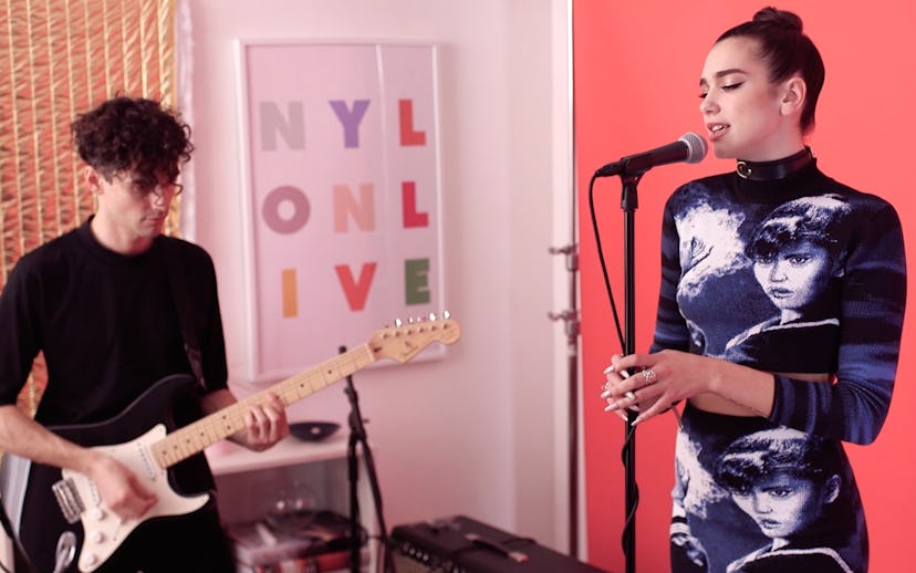 Dua Lipa performing the acoustic version of her hit single on Nylon's Show