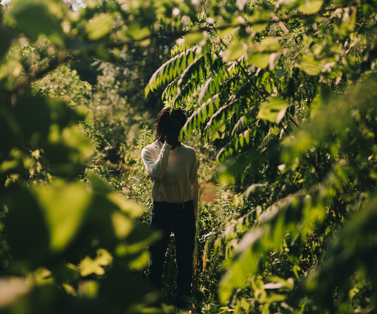 Jarrod Milton standing in a forest while wearing a white long sleeved shirt