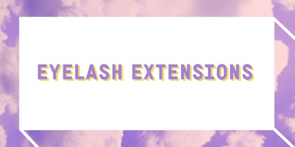 Purple "EYELASH EXTENSIONS" text sign on a white background