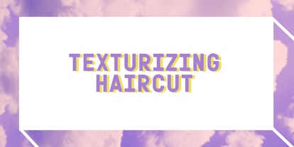 Purple "TEXTURIZING HAIRCUT" text sign on a white background