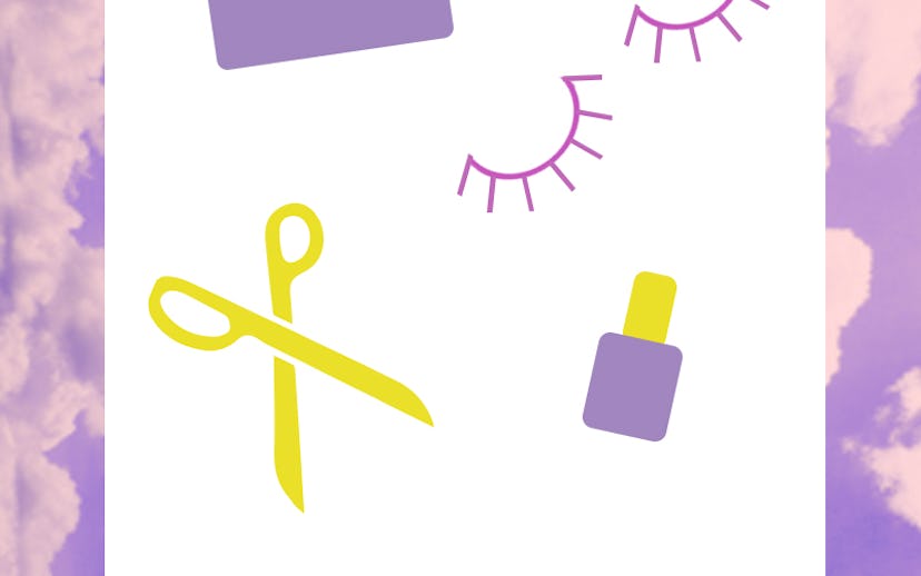 Collage of the popular pre-travel beauty treatments with lashes, Vitamin C, scissors, eyebrows, and ...