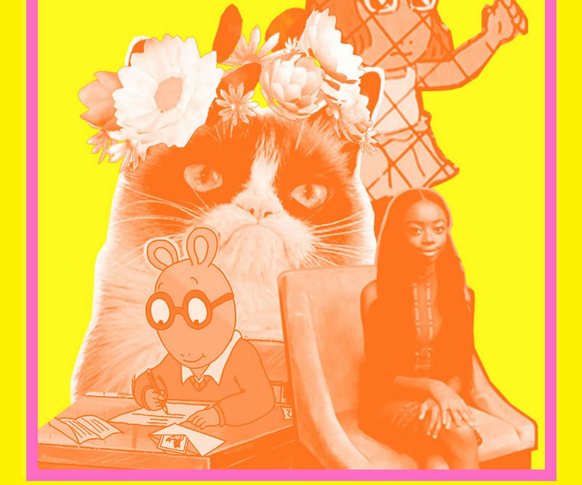 A collage of Grumpy Cat with a snapchat filter, D.W. Read, Arthur Read and Skai Jackson