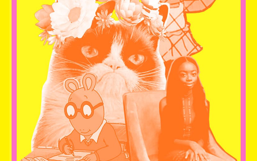 A collage of Grumpy Cat with a snapchat filter, D.W. Read, Arthur Read and Skai Jackson