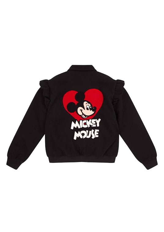Black Mickey Bomber Jacket that has Mickey Mouse's head in a red heart and his name under it in whit...