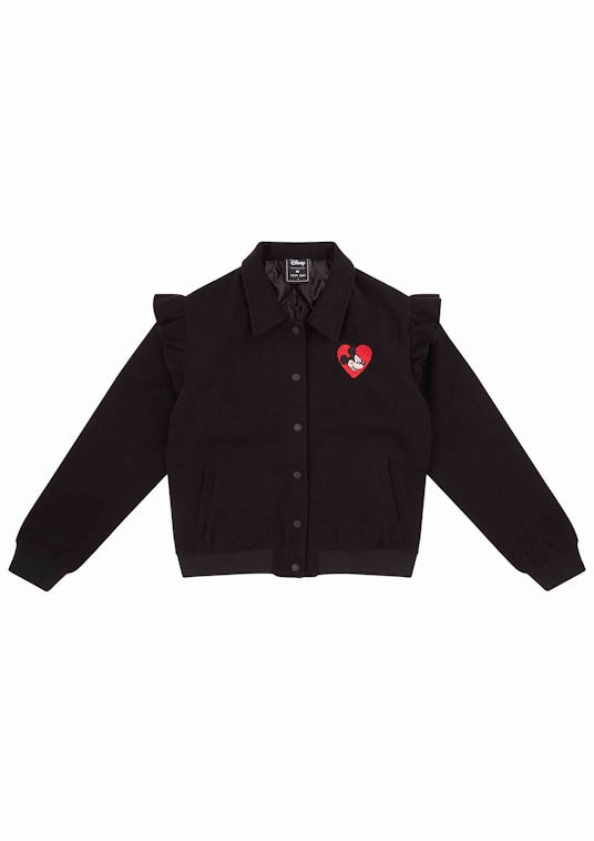 Black Mickey Bomber Jacket that has Mickey Mouse's head in a red heart on the left side of the jacke...