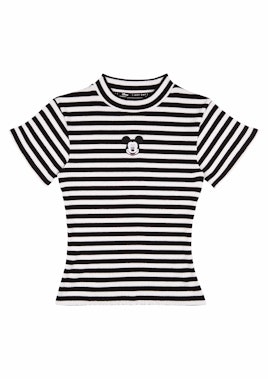 Black and white T-shirt that has Mickey Mouse's head at the chest area