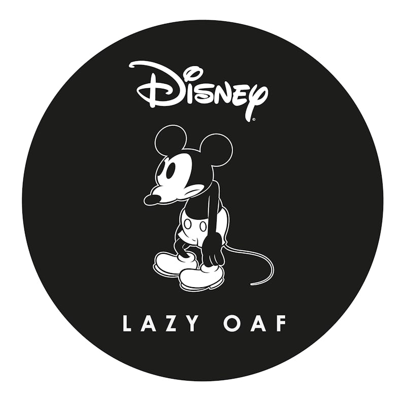 Hunched over Mickey Mouse in black and white with "Lazy Oaf" under him