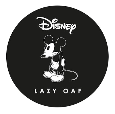 Hunched over Mickey Mouse in black and white with words Lazy Oaf under him