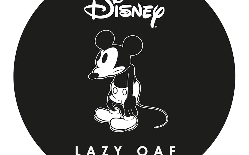 Hunched over Mickey Mouse in black and white with "Lazy Oaf" under him