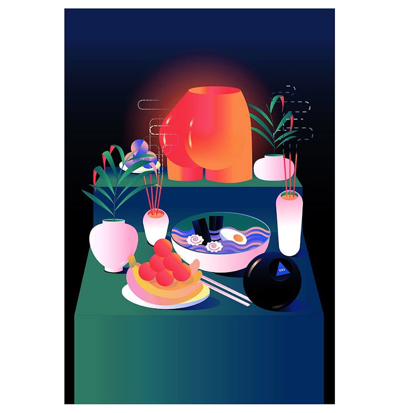 Illustration of a table with Chinese food on it and a butt sculpture in glowing orange color