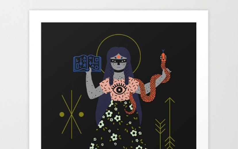 Illustration of a girl holding a snake and a book in her hands