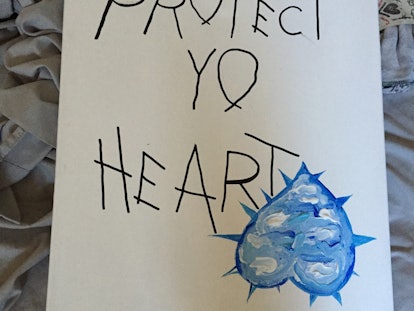 Drake-inspired artwork "Views from Yo HeART" with a "Protect Yo Heart" text sign and with an upside-...