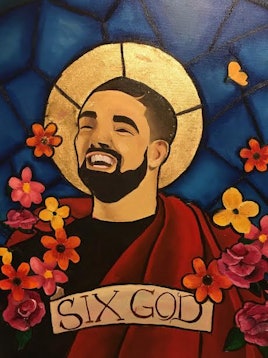 The "Six God" artwork depicting Drake's portrait while smiling and wearing a black shirt with a red ...