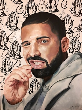 Artwork showing Drake's portrait holding a toothpick in his mouth and wearing a silver sweatshirt
