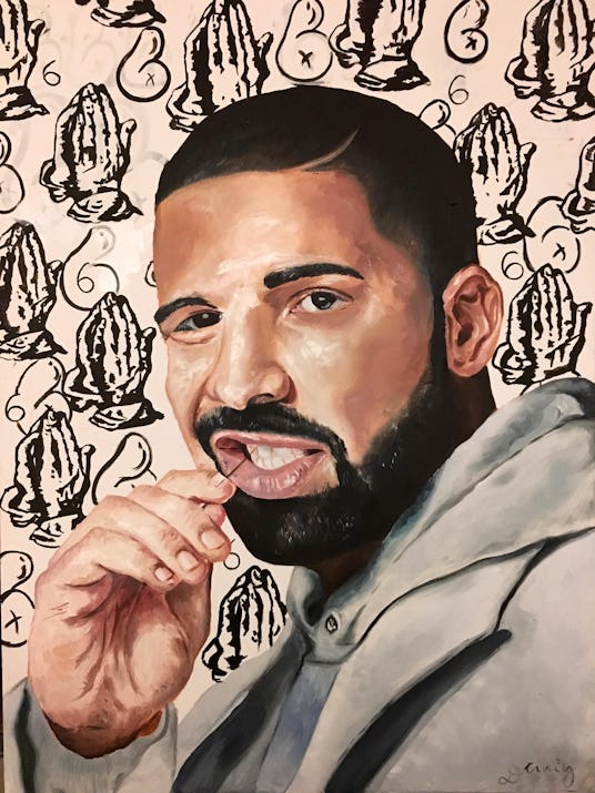 Artwork showing Drake's portrait holding a toothpick in his mouth and wearing a silver sweatshirt