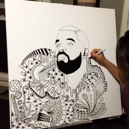 A woman drawing Drake's portrait with special details, titled "HYPE, Partners in Rhyme, Weston Road ...