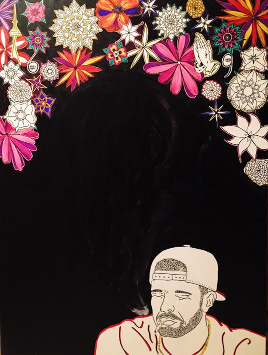 Drake's portrait with closed eyes and a cigarette in his mouth on a black backdrop with flowery deco...